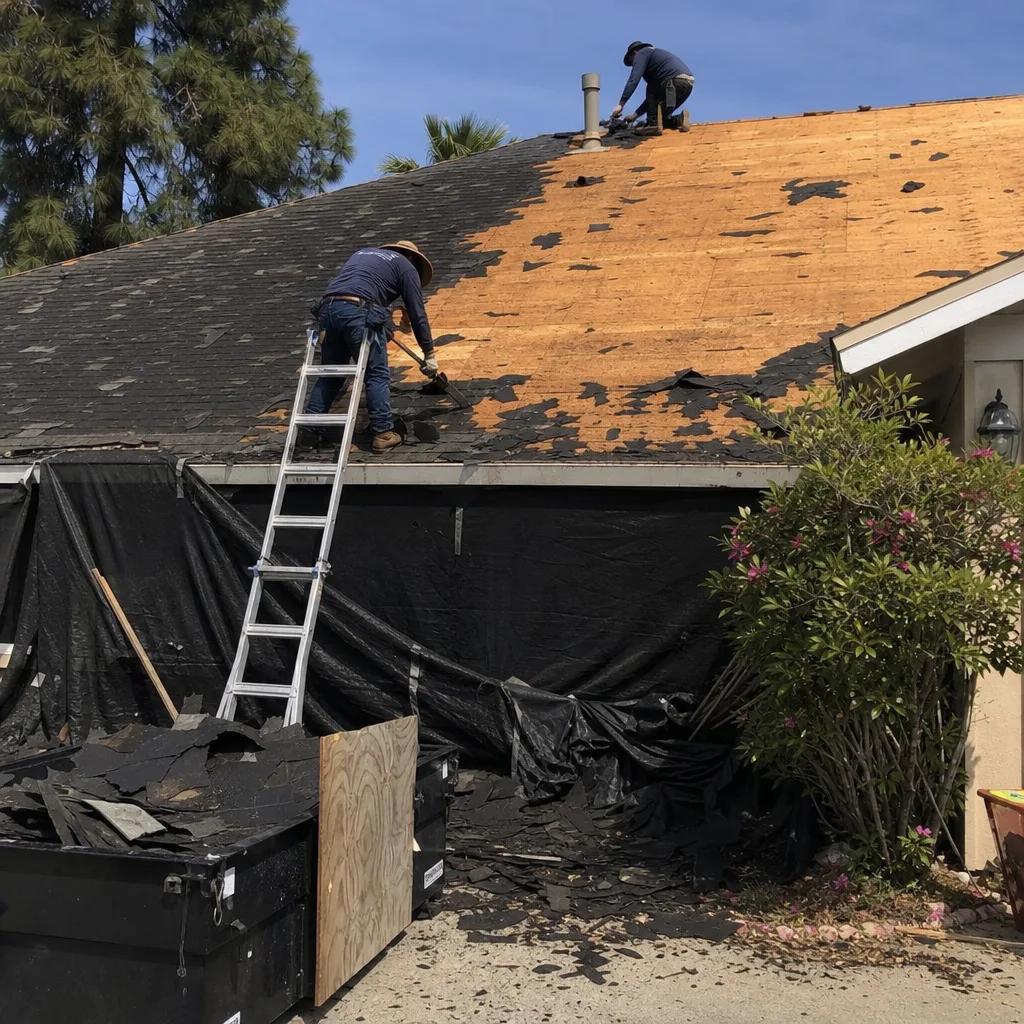 Two contractors working on a residential roof replacement project