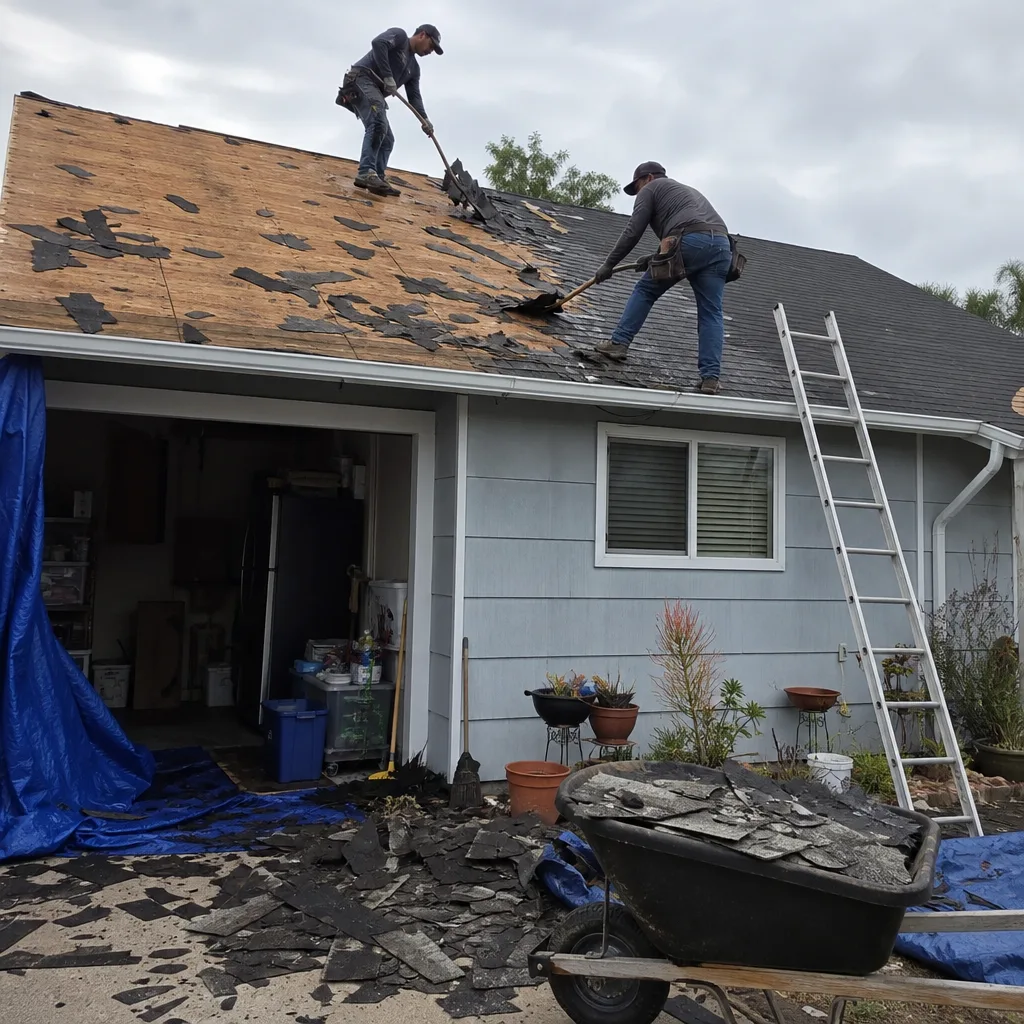 Two roofing contractors removing old shingles from a house roof