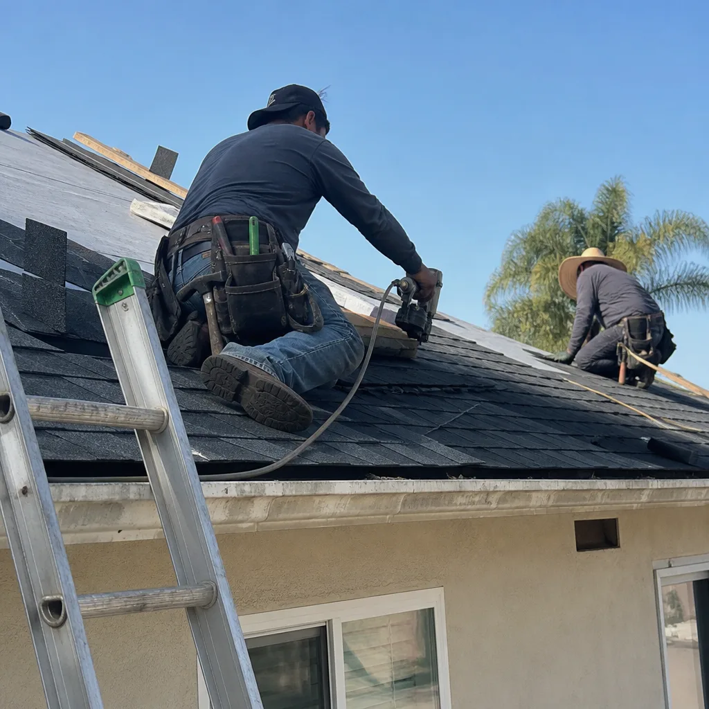 Two professional roofers installing new asphalt shingles on a residential roof