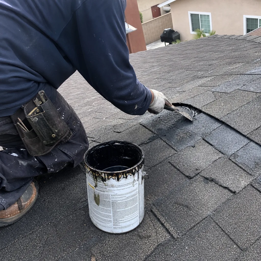 Roofing professional applying black sealant for professional roof repair services