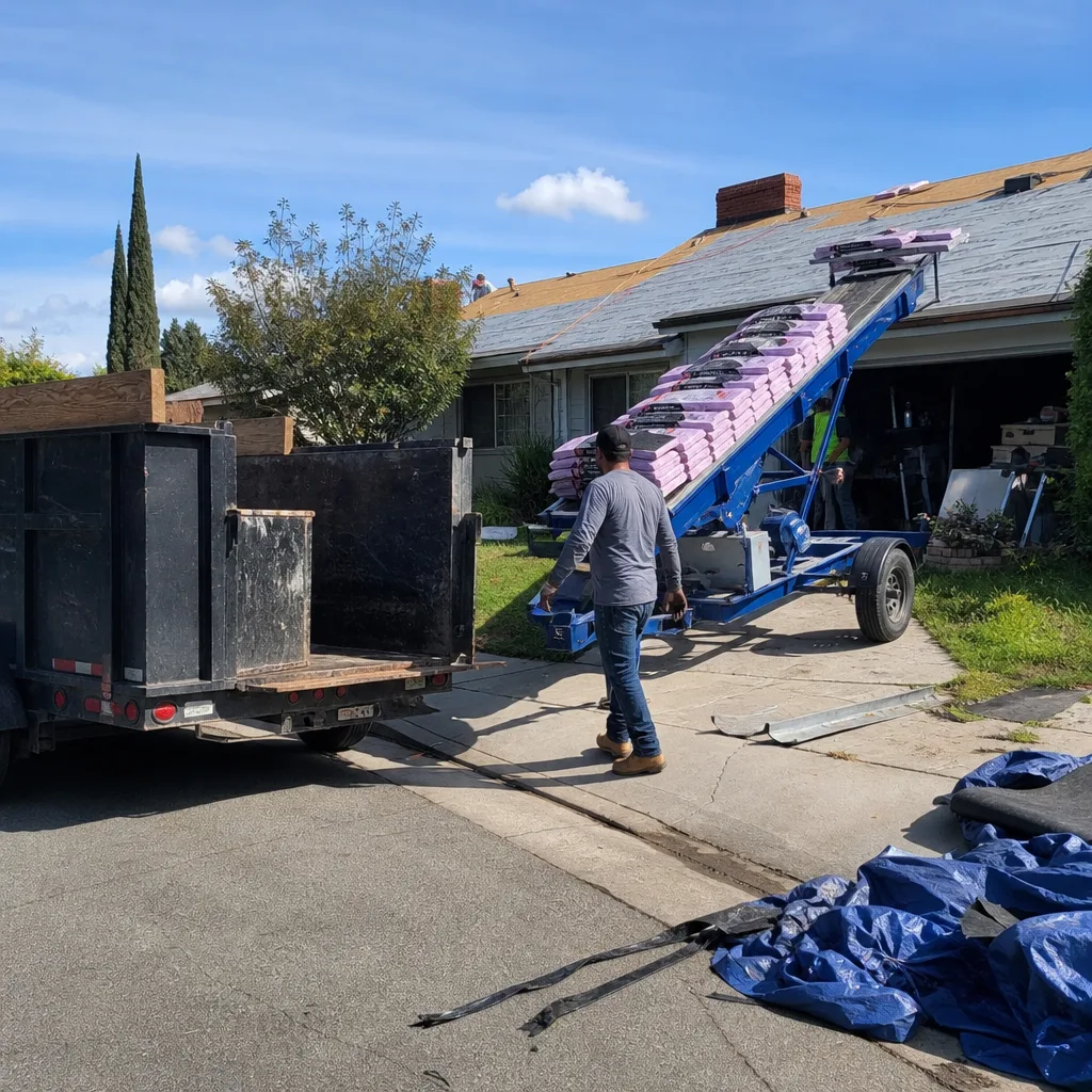 Roofing contractor using conveyor lift to load shingles onto residential roof