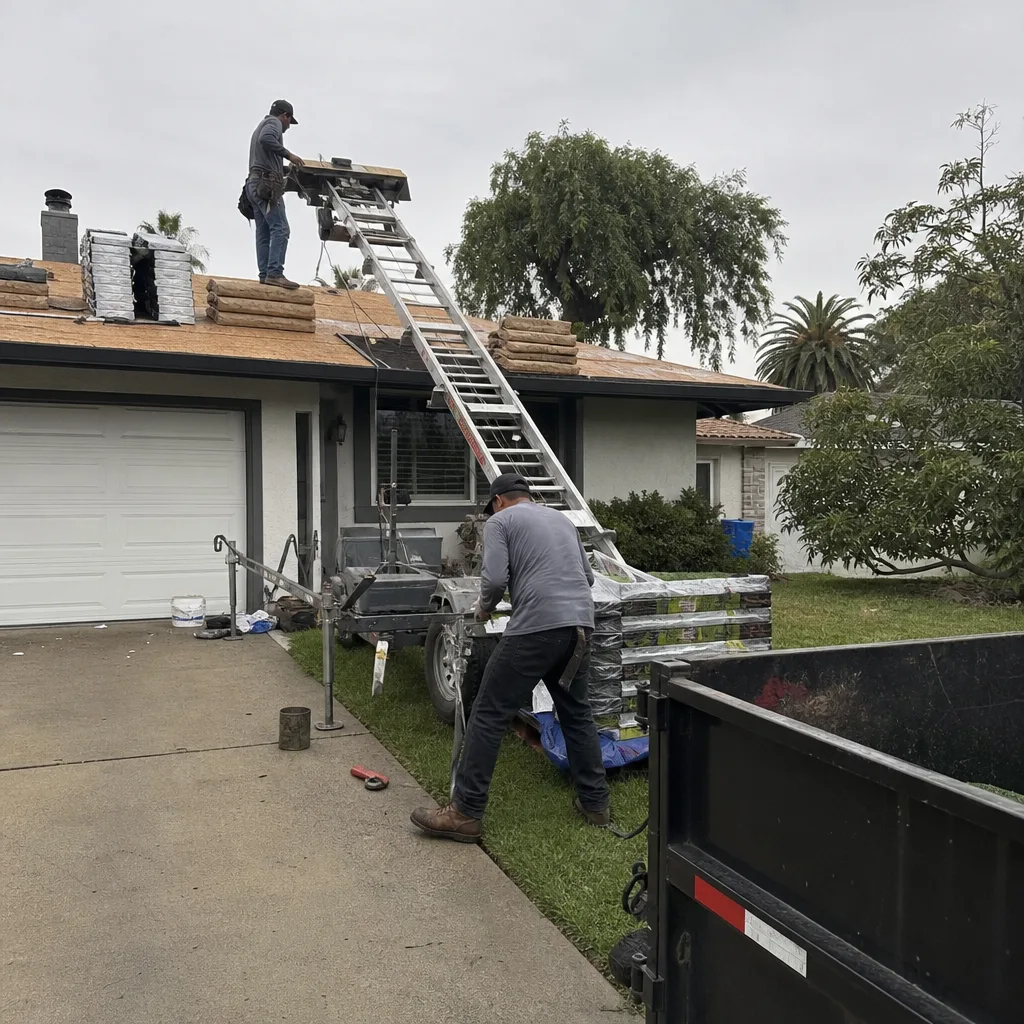 Roofing crew using a conveyor system to install shingles on residential home